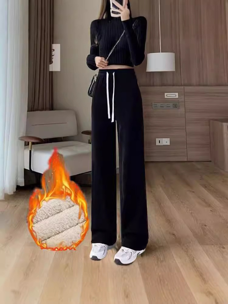 Lambskin Pants Women's Autumn and Winter fleece-lined Thickened Warm Cold-resistant Outer Wear Loose Casual Corduroy Wide-leg Trendy Pants