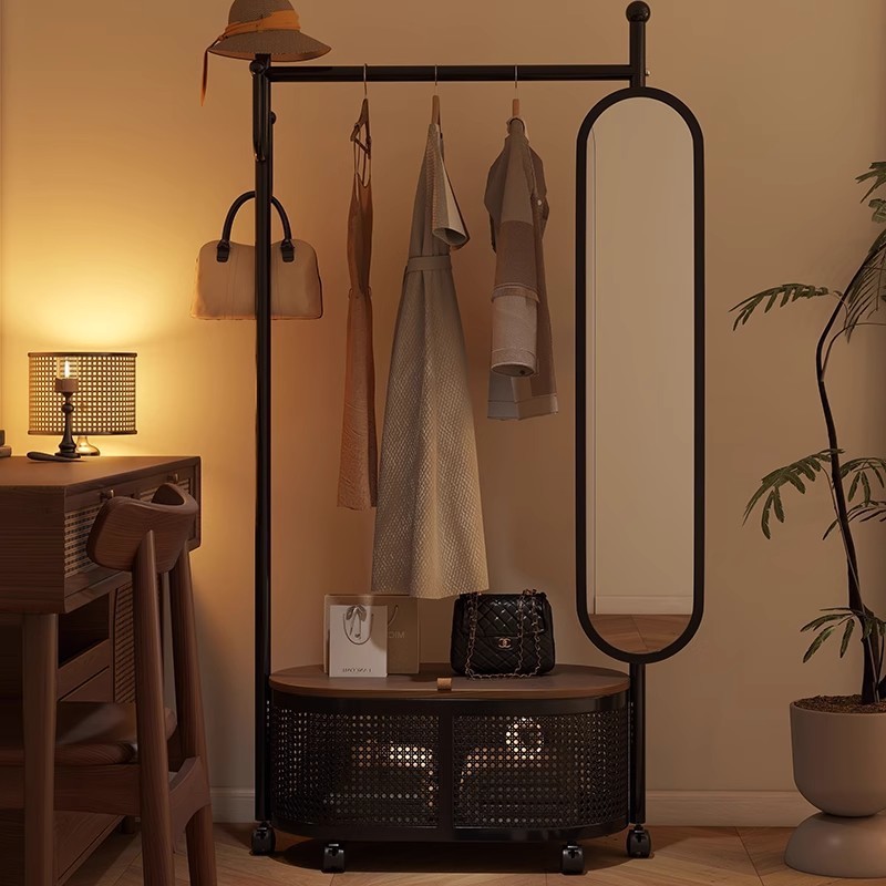 Movable Clothes Rack with Mirror Bedroom Floor-Standing Full-Length Mirror Integrated Coat Rack Fitting Mirror Storage Shelf