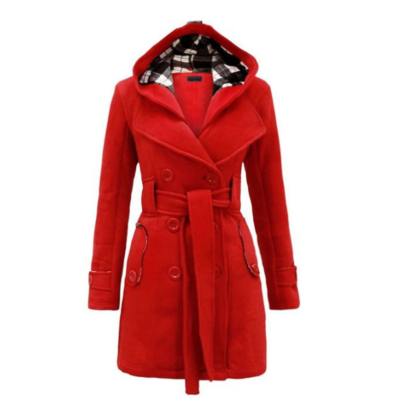 Picture of 2023 AliExpress EBAY Amazon New Plaid Hooded Tweed Coat Belt Double-breasted Mid-length Coat