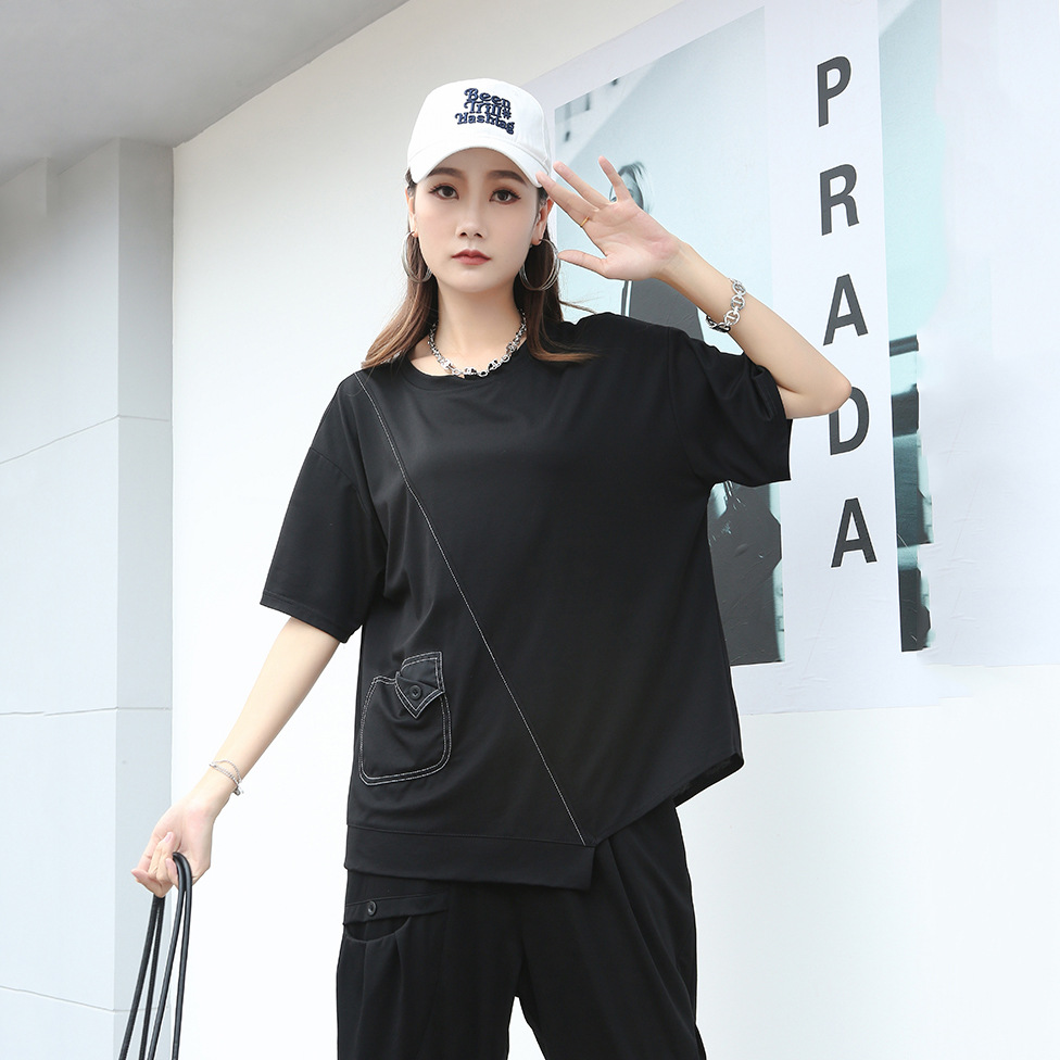 230414 European and American Niche Stylish Splicing Asymmetrical Topstitch Flap Pocket Pants Round Neck Ice Silk Cotton Short-Sleeved T-Shirt Trendy