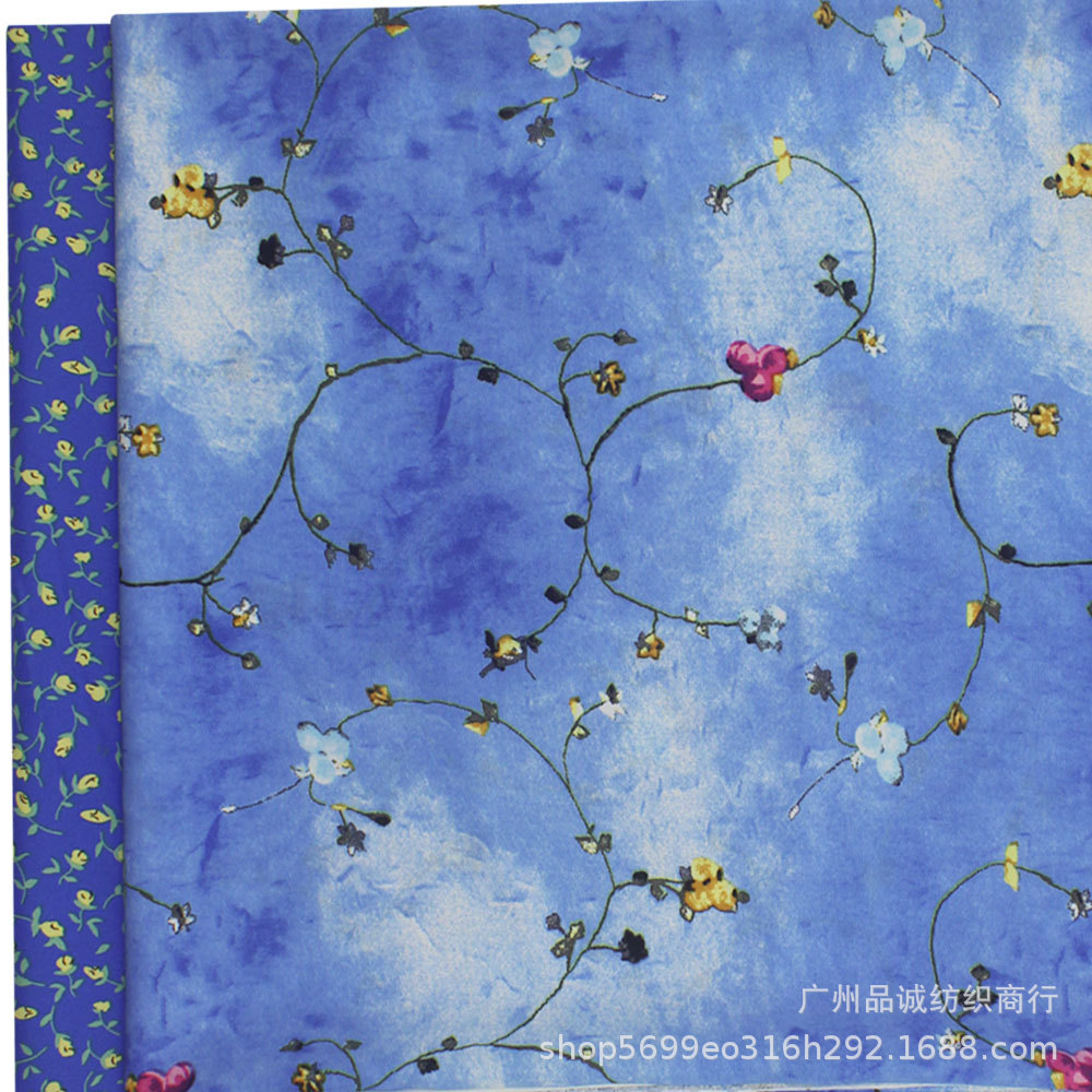 Plain Satin Printed Blue Small Floral Chiffon Printed Fabric for Spring and Summer Women's Slip Dress Cheongsam Fabric