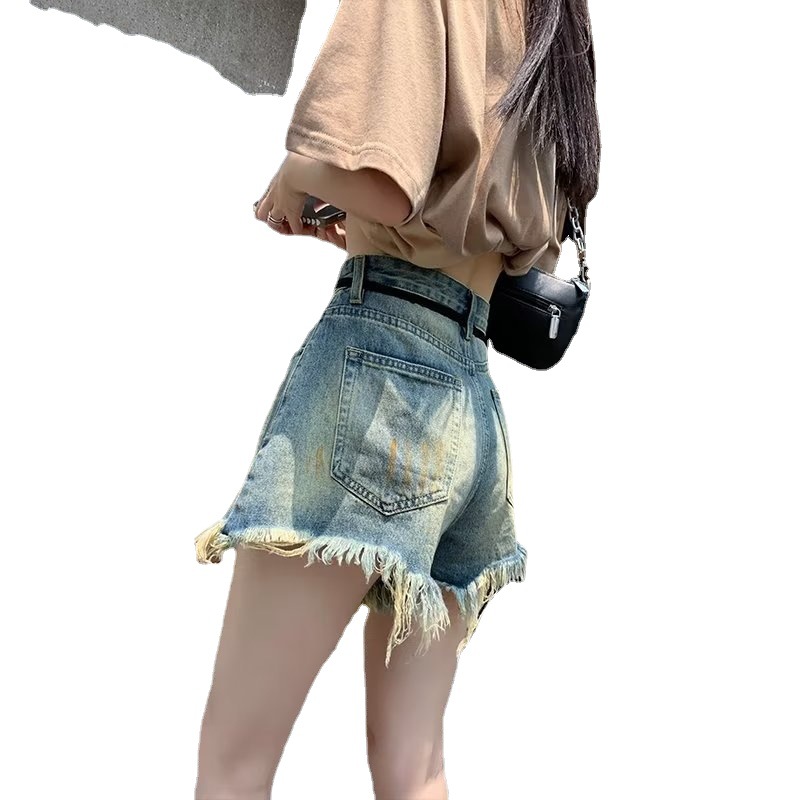 Picture of Rapped Denim Shorts Women's Summer New Spice Girls High Waist Slimming American Style Retro Washed Old a-Shaped Wide-Leg Hot Pants