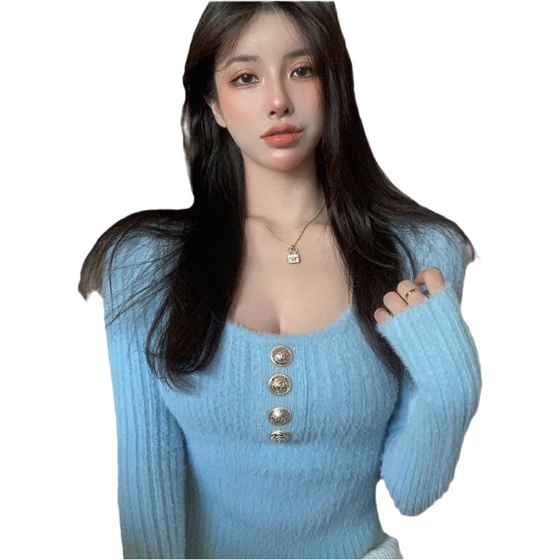 Soft Waxy Mink Fleece Metal Love Buckle Long Sleeve Knitted Base Shirt Women's Autumn and Winter Gentle Short Slim-Fit Western Style Top