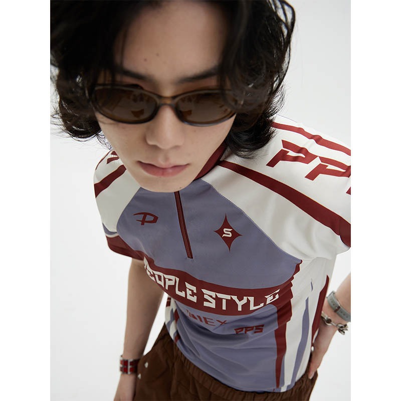 American Style Outdoor Riding Suit Element Contrast Color T-shirt Sport Style Niche Deconstructed Contrast Color Elastic Breathable Slim Short Sleeve