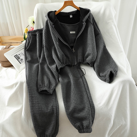 Picture of Large Size Sports Style Casual Suit Women's Spring and Autumn Sling Hooded Sweatshirt Jacket Long Pants Large Size Three-piece Suit
