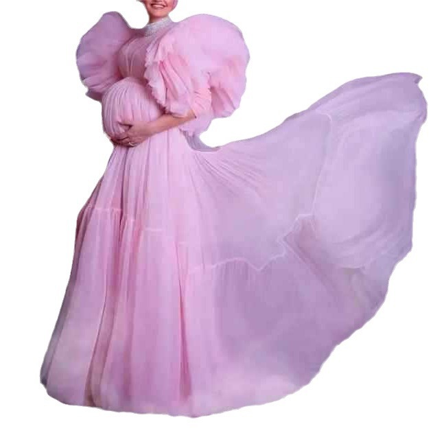 Picture of Hot sale outside the trade color mesh turtleneck multi-layer three-dimensional short sleeve high waist long dress pregnant women plus size dress long skirt