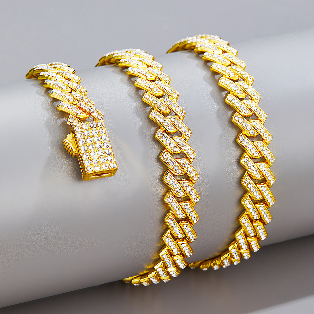 Full Diamond Necklace European and American Hip-Hop 9.5mm Bar Cuban Chain for Men and Women Couples Simple Hip-Hop Necklace Wholesale