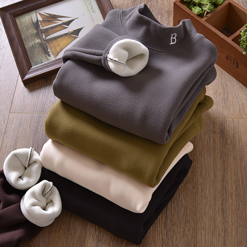Picture of Children's Clothing Winter Boys' Bottoming Shirt Fleece-Lined and Thickeneding for Medium and Large Kidsren German Velvet Embroider Kidsren's Half Turtleneck Warm Top Trbottomy