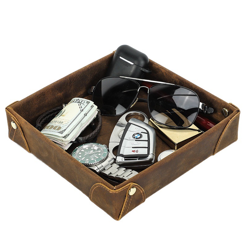 Retro crazy horse leather square tray handmade double-sided leather office desktop sundry storage box a generation of hair