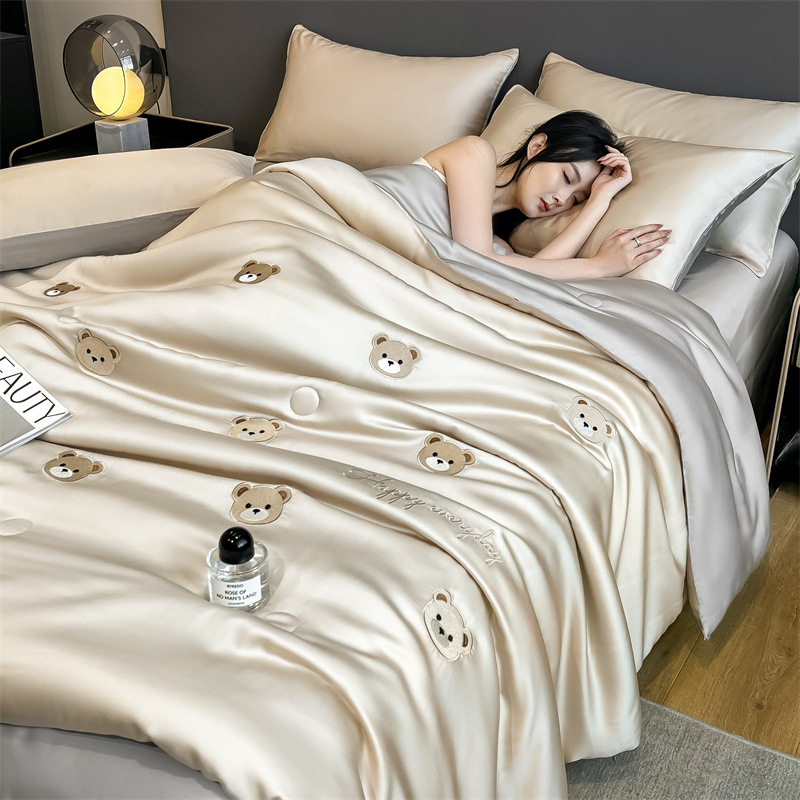 Summer Quilt Four-piece Washable Silk Ice Silk Summer Air-conditioning Quilt New Embroidered Summer Cool Quilt Kit Washable Thin Quilt