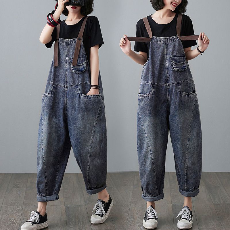 Hong Kong-style New Fashionable Age-reducing Denim Suspender Pants Women's Spring and Autumn Loose Korean-style Outer Wear Sling Pants Slim-fit Pants