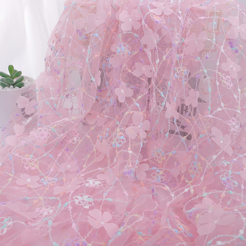 Picture of Rainbow Rope Embroider 3D Stereo Same Color Flower Mesh Fabric Embroider Children's Clothing Dress Accessories Embroider Fabric
