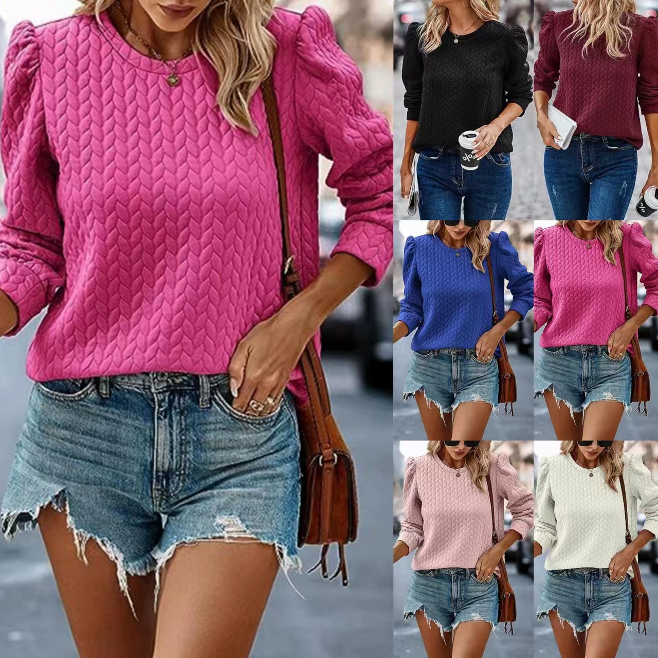 2025 European and American Cross-Border Women's Clothing Amazon Autumn and Winter New Round Neck Puff Long-Sleeved Tops Air Twist Sweatshirt