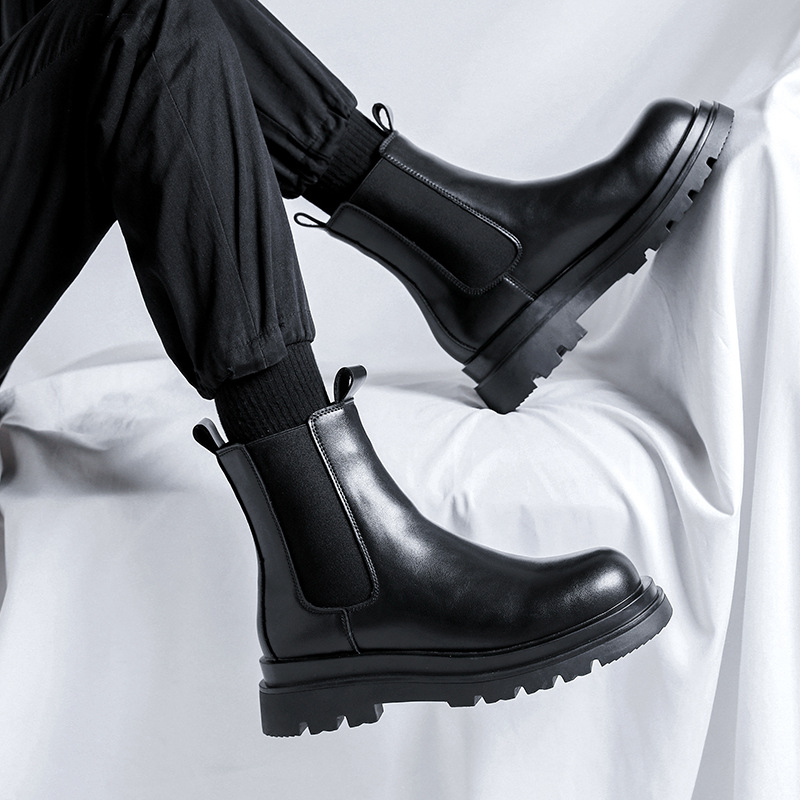 Chelsea Boots Men's High-top Leather Shoes Himney Boots British Spring and Autumn Martin Boots Men's Summer Breathable Black Boots Men