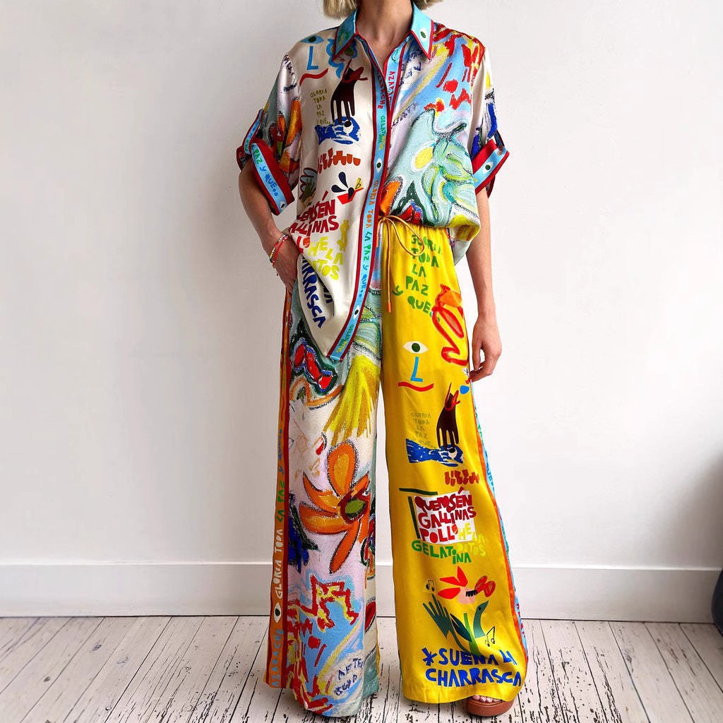 Europe and the United States cross-border 2024 independent station AliExpress fashion personality printed short sleeve color matching holiday leisure tether suit