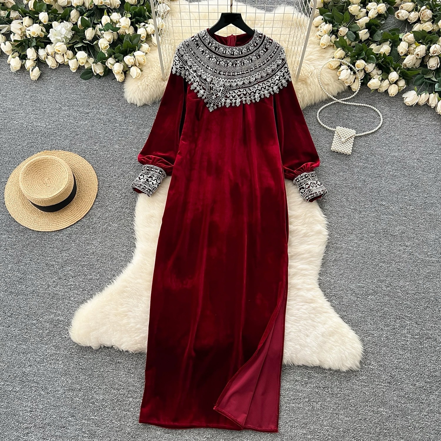 Cross-border cross-border foreign trade 2024 autumn and winter plus size women's new temperament velvet western style goddess fan French dress
