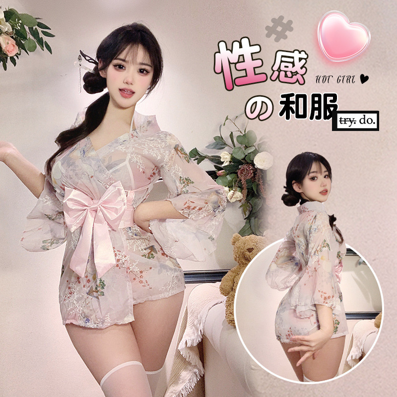 Sexy Underwear Kimono Bathrobe Suit Uniform Temptation Print Japanese Style Bow Sexy Japanese Style Pajamas New