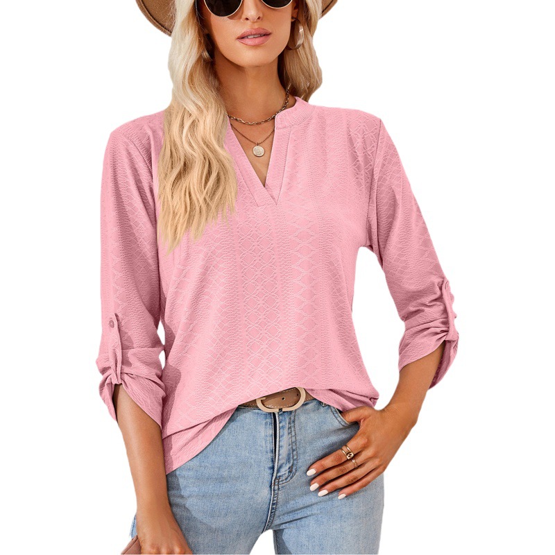 Amazon 2023 Europe and the United States cross-border foreign trade autumn and winter new solid color V collar seven sleeve button loose T-shirt jacket women