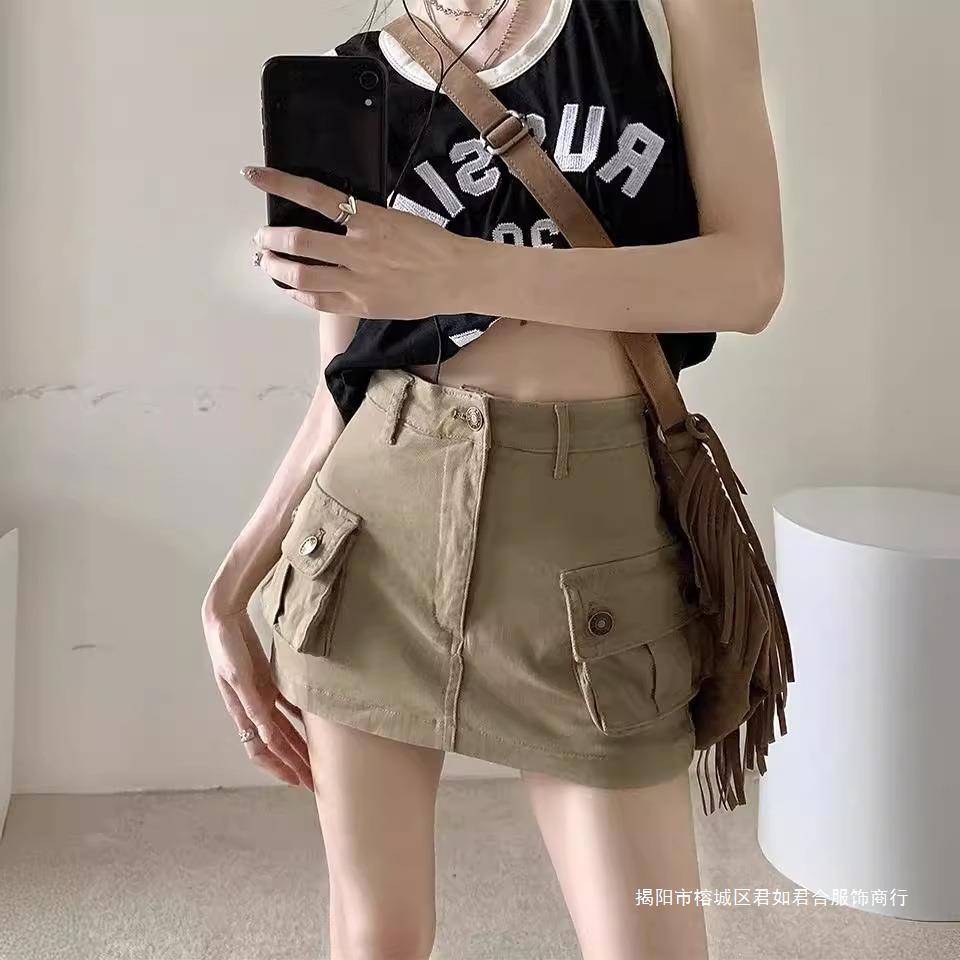 khaki Tooling Denim Skirt Women's American Style Retro High Waist A- Line Skirt Hot Girls Anti-walking Sheath Skirt Pants