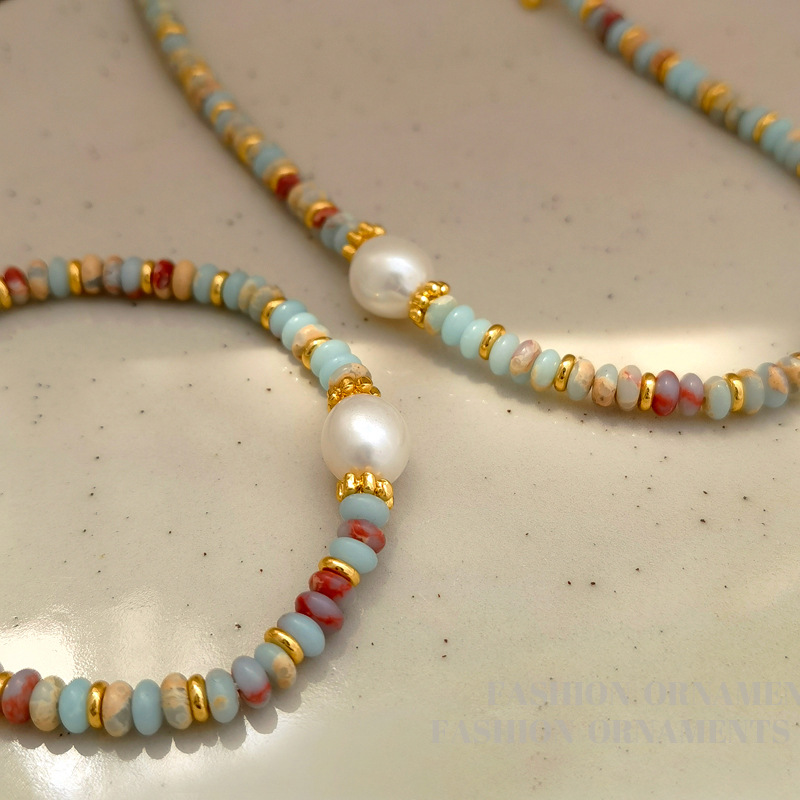 Picture of Natural Stone Colorful Beaded Hand Necklace Fashion Baroque Cultured Pearl Bracelet Light Luxury Niche Lockbone Chain 1695