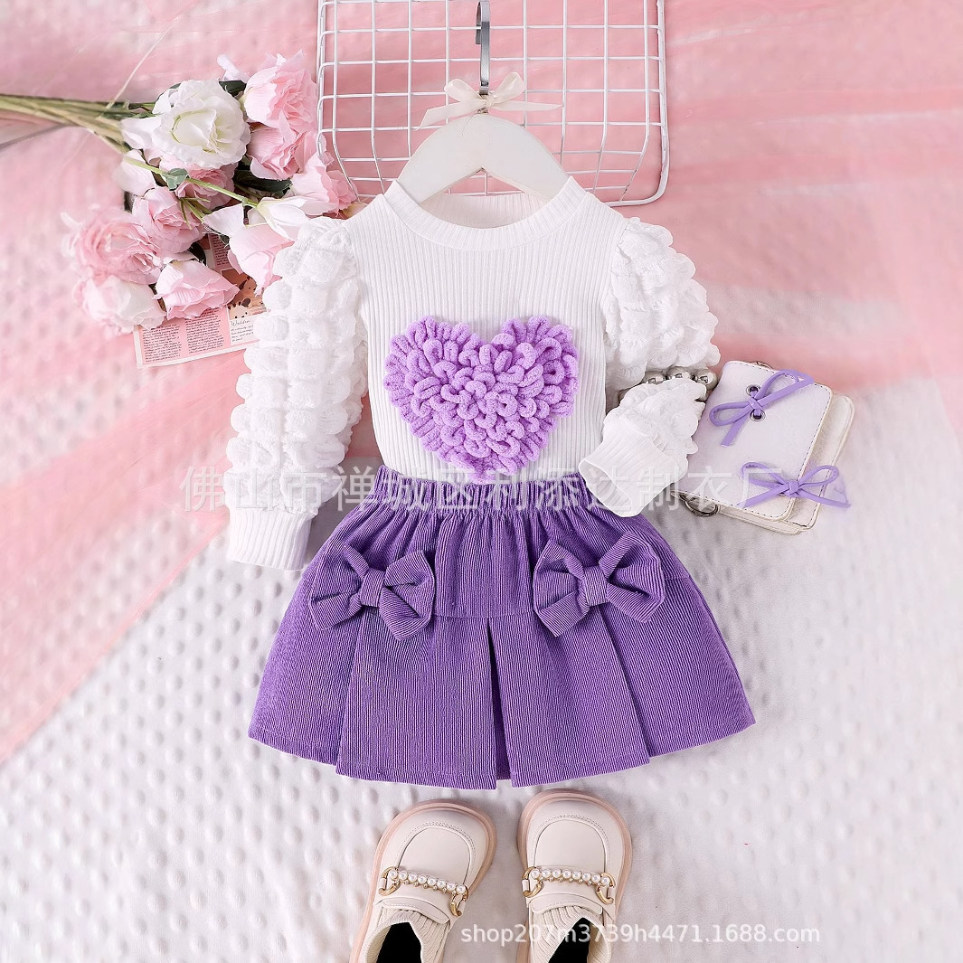 Cross-border New Children's Suit European and American Spring and Autumn Girls' Puff Sleeve Love Top Bow Short Skirt Two-piece Set