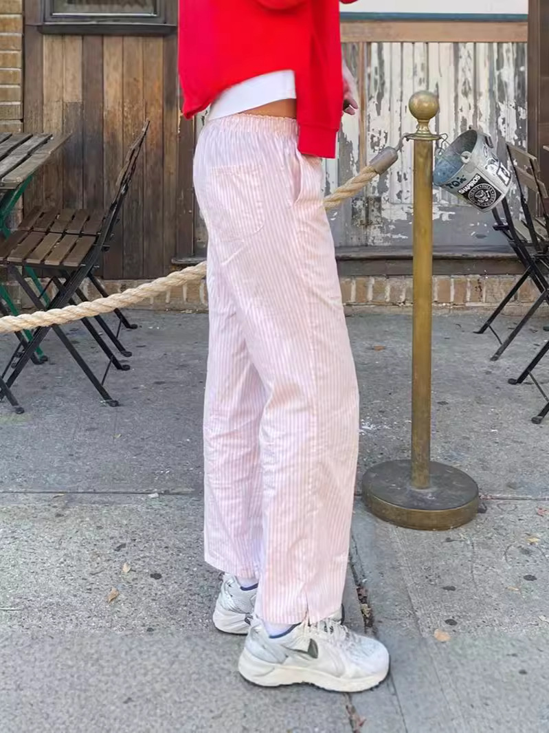Cross-border Foreign Trade Amazon 2024 Europe and America Harajuku Casual Striped Pants High Waist Loose Tight Waist Slit Pants
