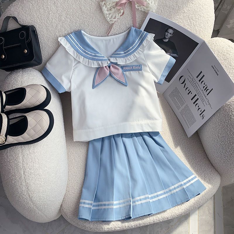 Girls' Preppy Style Suit 2025 Summer New Internet Celebrity Style Bow Summer Suit Navy Collar Kidsren's Two-Piece Suit
