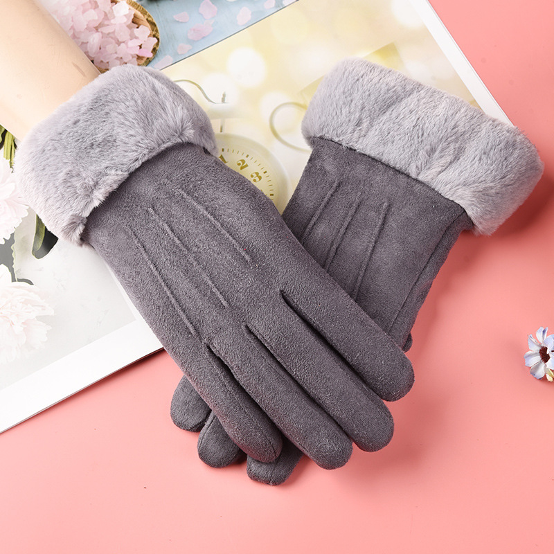 Picture of Autumn and Winter fleece-lined thickened touch screen suede warm gloves cute fashion student outdoor cycling driving stall