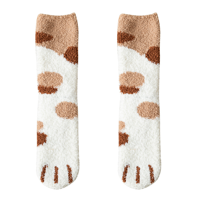Picture of 20 Autumn and Winter Women's Japanese Style Middle Cylinder Separate Packaging Thickened Cartoon Sleep Socks Coral Fleece Cat Claw Home Floor Socks