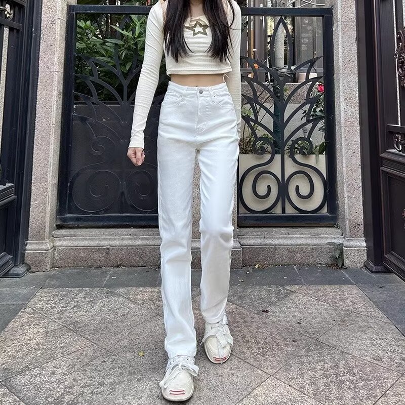 Tall Lengthened White Straight Jeans Women's Summer High Waist Slimming Narrow Casual Smoke Pipe Pants