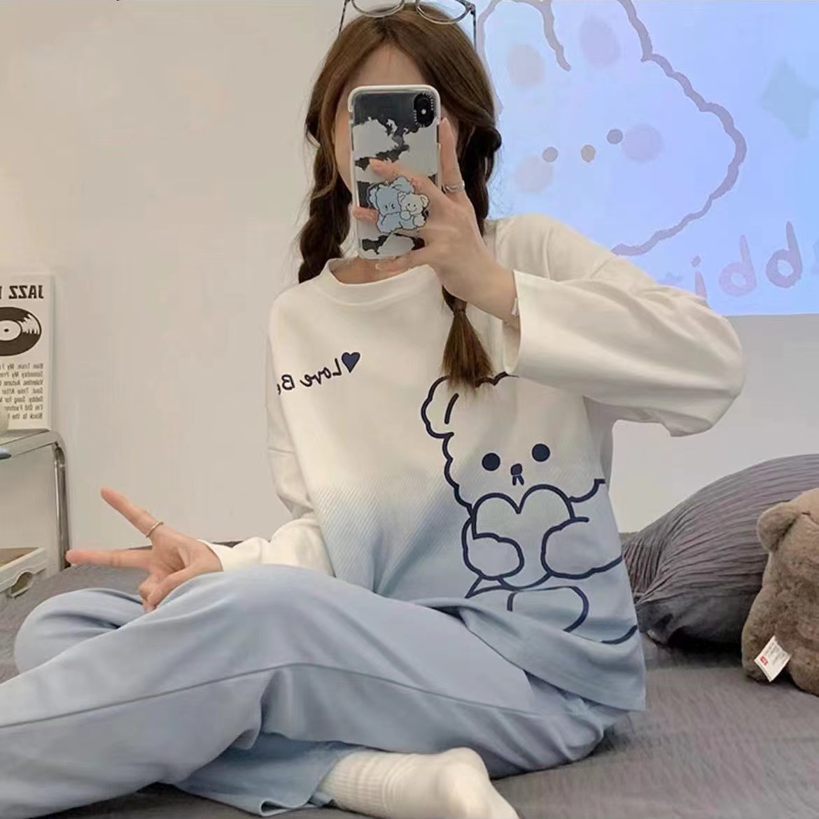 Pajamas women's spring and autumn long-sleeved imitation cotton suit 2023 new student ins style autumn and winter loose loungewear