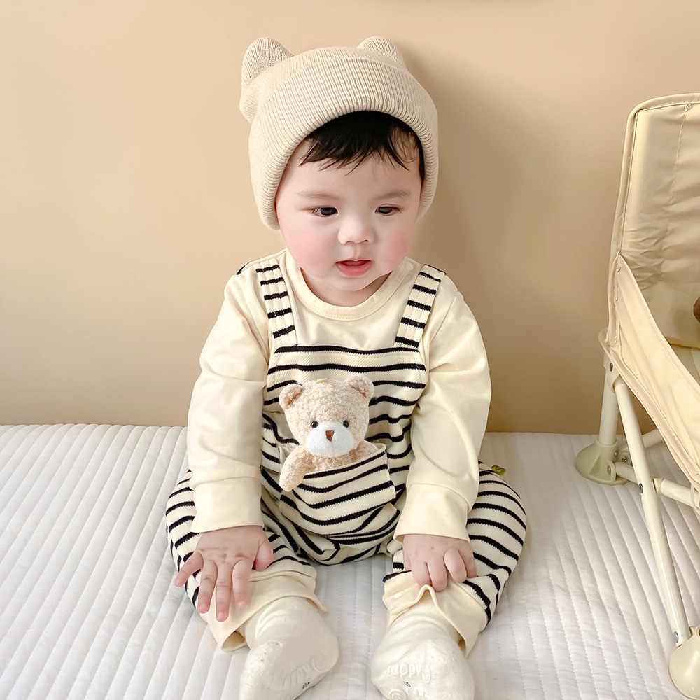 Striped strap doll bear four-season baby jumpsuit long-sleeved class A baby clothes newborn clothes climbing suit