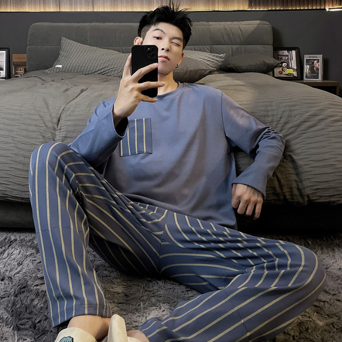 Pajamas men's spring and autumn long-sleeved trousers simple home wear thin cotton men's plus size autumn and winter casual suit