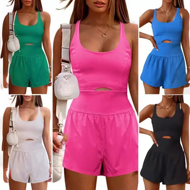 European and American Fashion Sports Women's Yoga Shorts Hollow Cross Beautiful Back Loose Comfortable Fitness Clothes Vest Jumpsuit