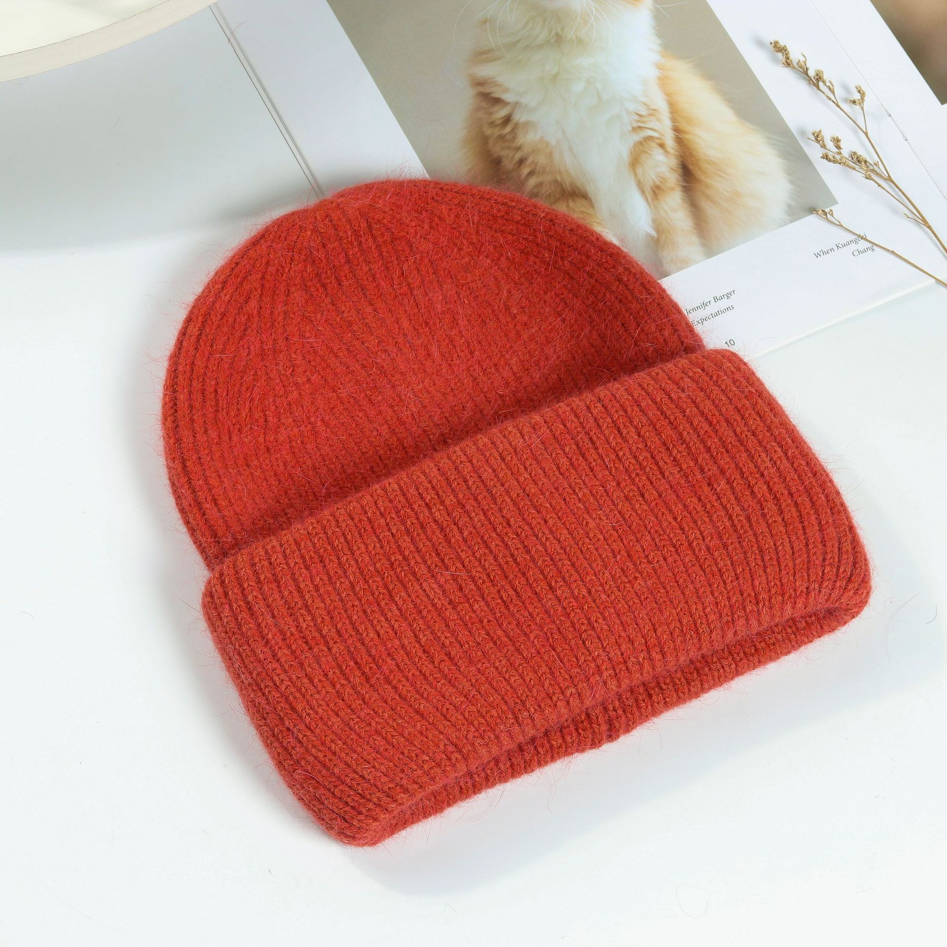 Picture of Korean Winter Knitted Hat with Large Brim for Women, Windproof Pullover Round-Top Adult Rabbit Fur Wool Hat