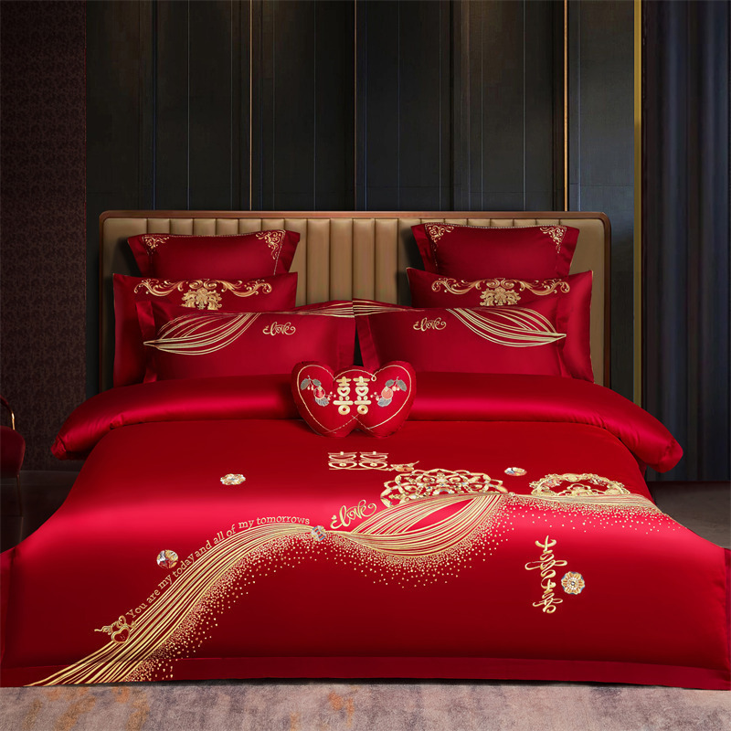 Picture of High-End 120S Pure Cotton Long-Staple Cotton Wedding Four-Piece Set New Chinese Style Dragon and Phoenix Embroidery Wedding Red Bedding