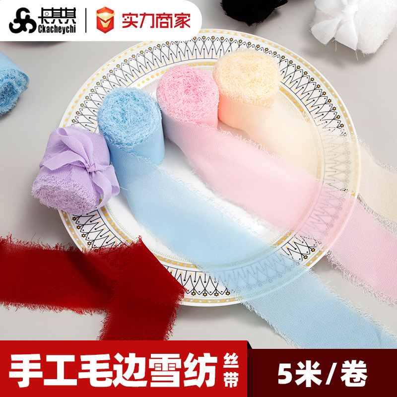 Cross-border Ins Hand-ripped Rouge Ribbon Gift Box Bouquet Strap Chiffon Flow Comb Silk Cloth Tassel Fringe Strap