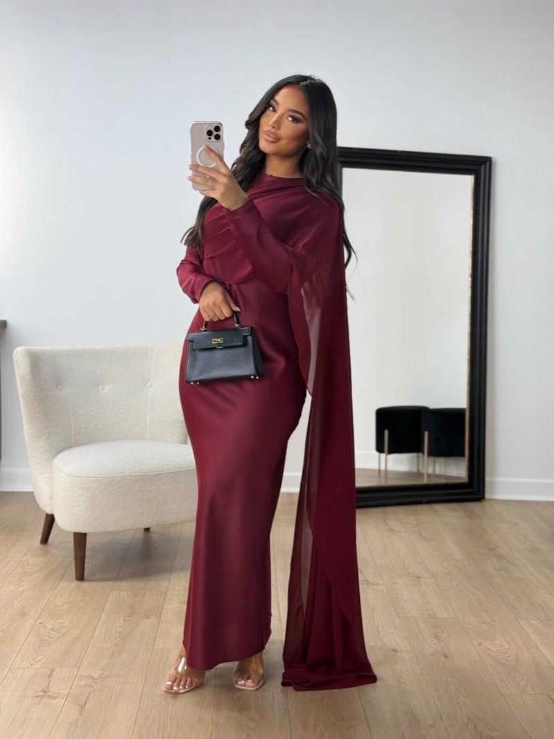 Picture of 2024 Autumn and Winter Cross-border Foreign Trade Women's Clothing Amazon Independent Station ebay Middle East Wrapping Hip Satin Chiffon Evening Dress