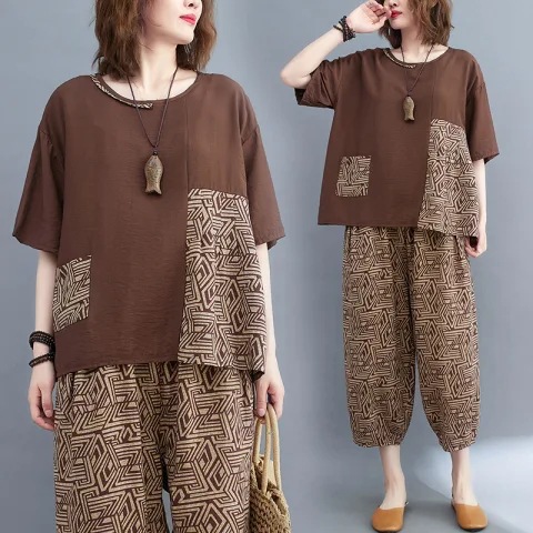 8861# plus size women's clothing chubby girl summer suit slimming stitching printed short-sleeved shirt wide-leg pants two-piece set