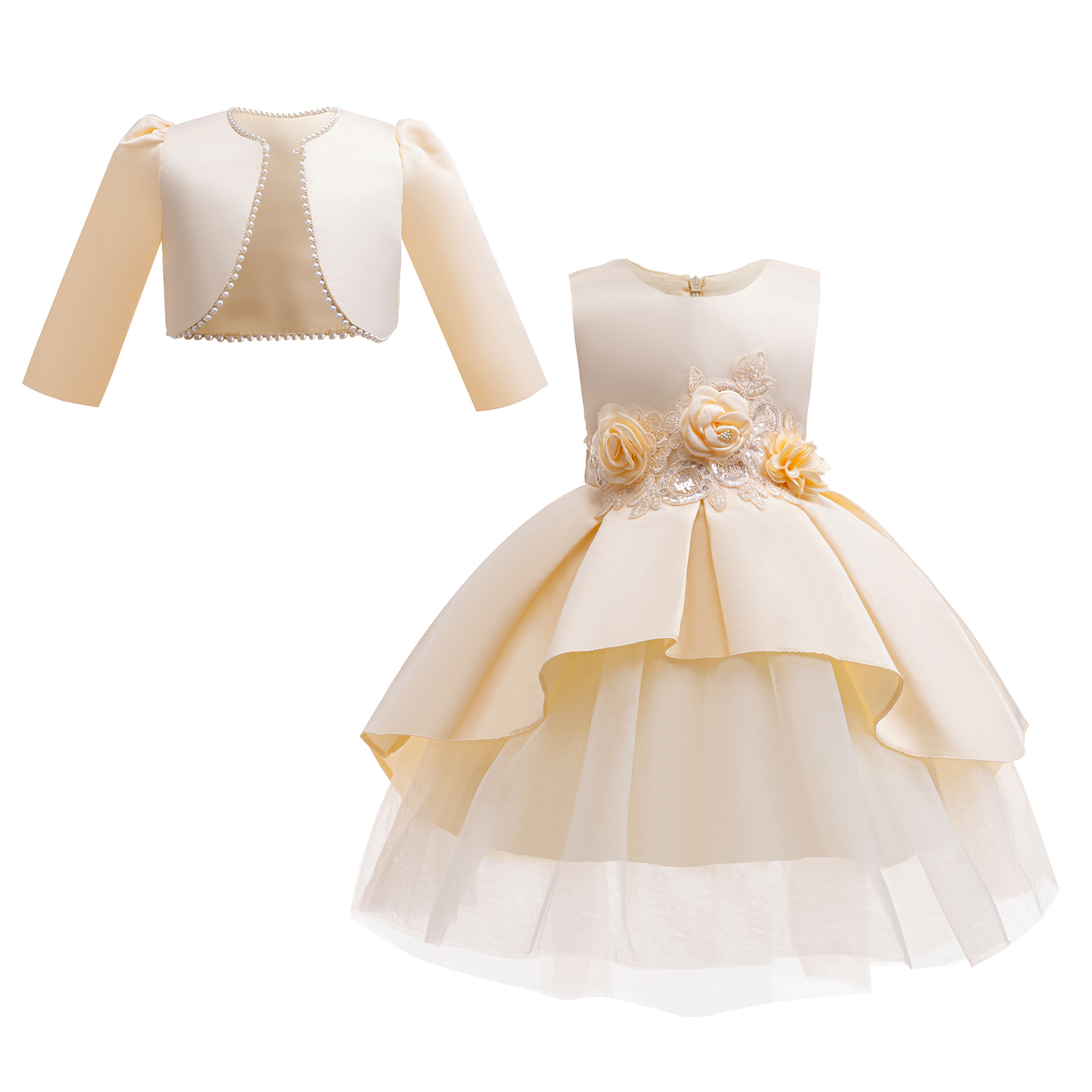 Girls' Vest Embroidered Dress + Pearl Long Sleeve Jacket Two-Piece Satin Skirt Set