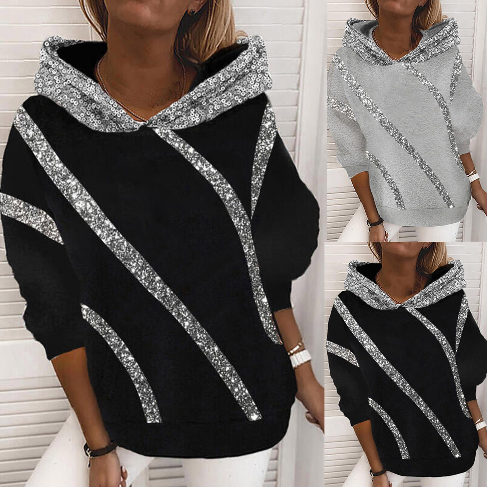 2021 AliExpress wish Amazon autumn and winter popular European and American hot sale sequin printed loose hooded sweater for women