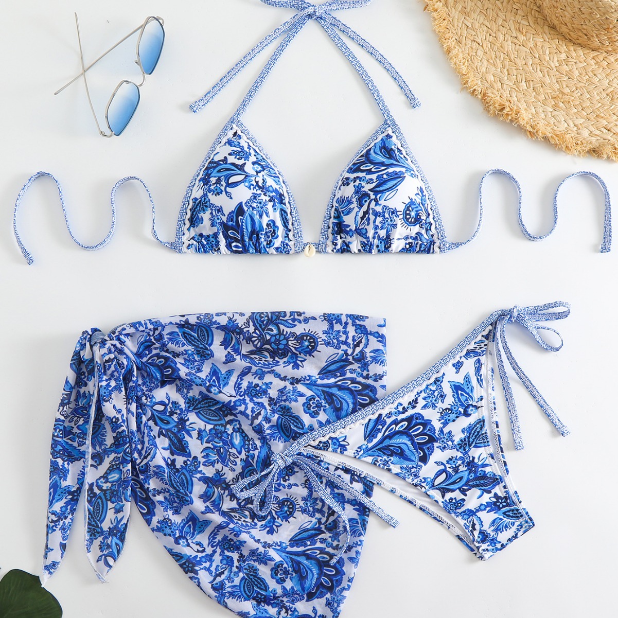 2024 European and American New Style Printed Mesh Three-Piece Split Swimsuit Sexy Shell Accessories Bikini Cross-Border Foreign Trade