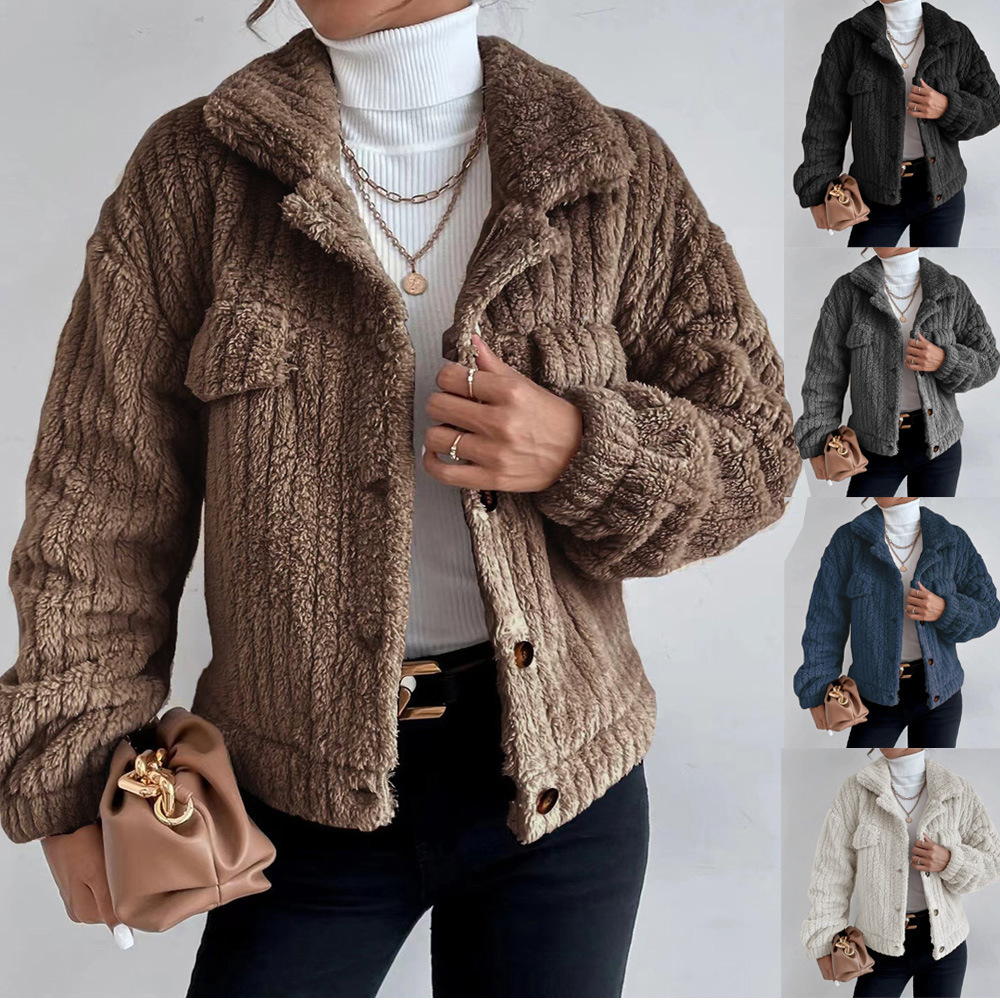 2024 autumn and winter Amazon rabbit plush coat lapel shirt fleece-lined comfortable casual women's thickened plush coat