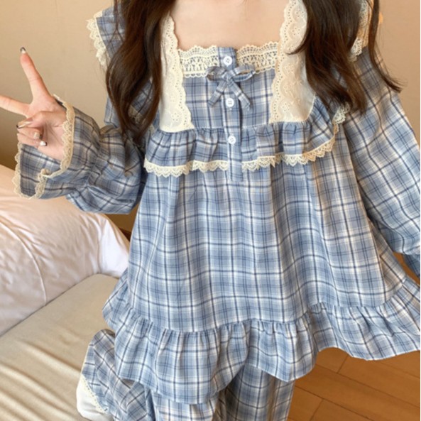 South Korea Ins Women's Korean-style Sweet Autumn Long-sleeved Loose Lace Loose Pullover Fresh Style Home Clothes suit