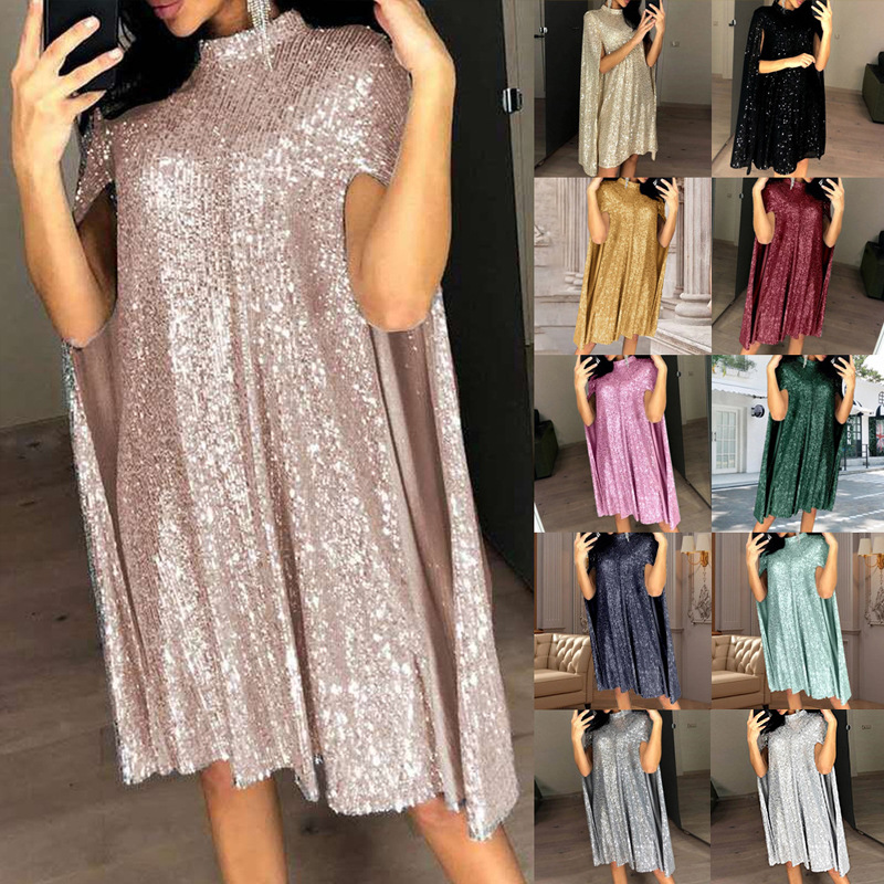2025 Spring New Amazonwishebay European and American Foreign Trade New Small Stand Collar Sequin Dress Loose Women's Clothing