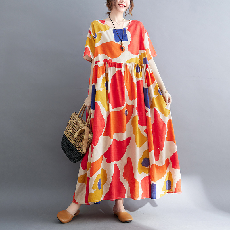 Picture of Artistic plus size chubby girl plus size printed dress summer long dress round neck loose slimming large swing skirt women's clothing
