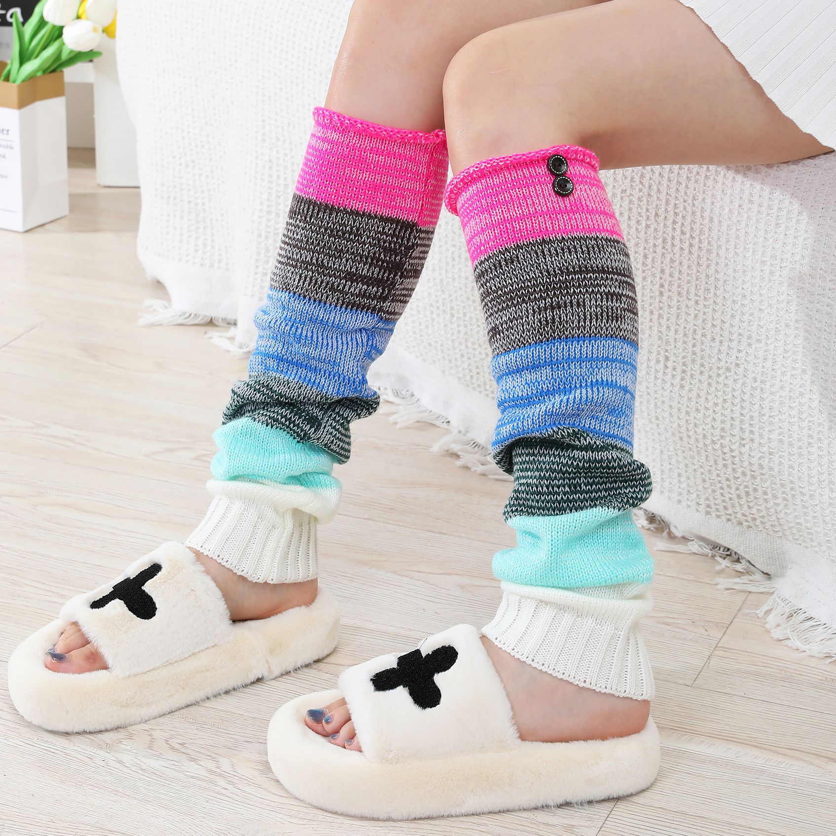 European and American Autumn and Winter New Mixed Color Striped Button Long Knee Wool Warm Piled Socks Women's Boots Knee Pad
