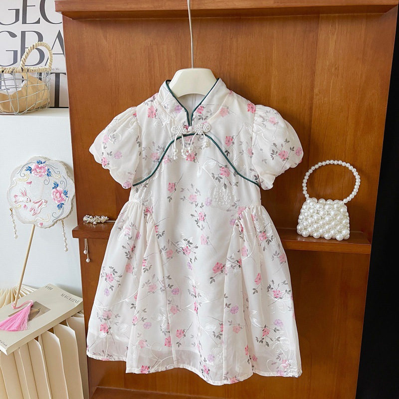 77276 Children's Wear Girl's Dress 2024 Summer New Children's Western Style Princess Dress Baby Cheongsam Dress Long Dress