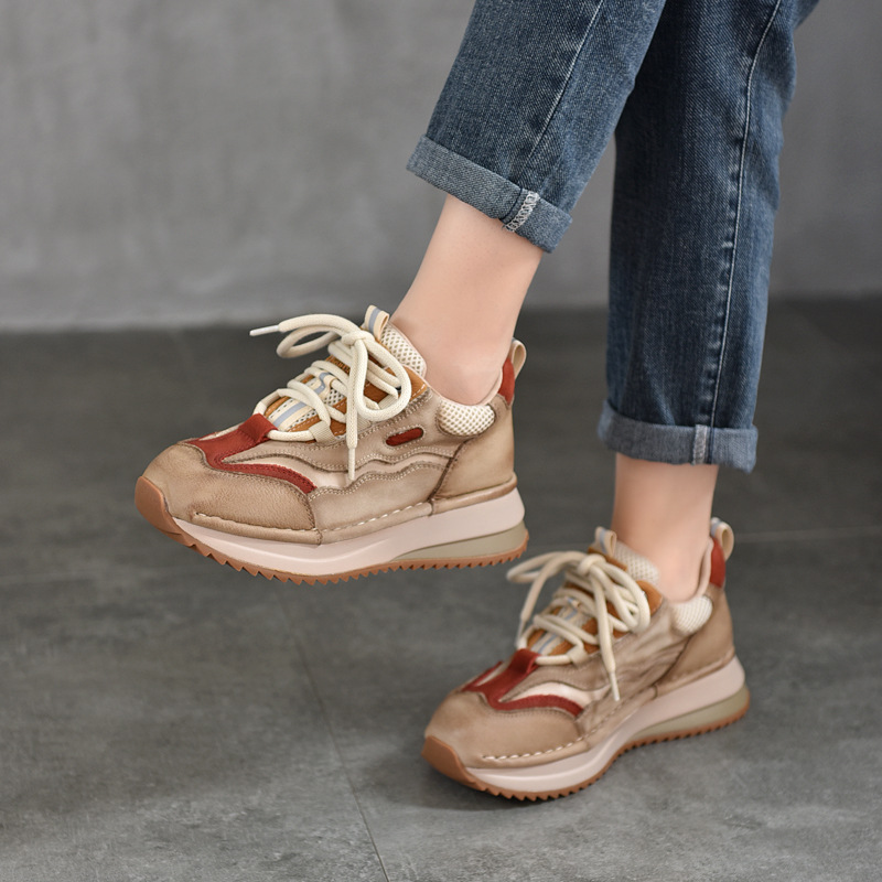 First-Layer Cowhide Casual Sports Lace-Up Non-Slip Women's Shoes 2025 Autumn First-Layer Cowhide Retro Color-Blocked Thick-Soled Shoes