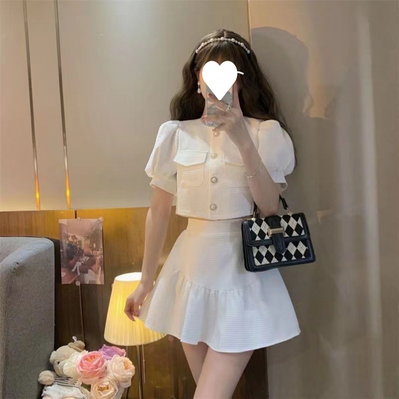 Temperament socialite xiaoxiang style bubble sleeve bow shirt top high waist pleated skirt two-piece suit women's summer